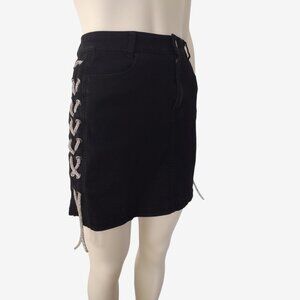 LaBijou Black Denim Rhinestone Metal Lace Up Sides Mini Pencil Skirt L